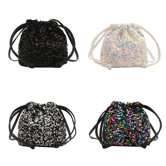 Sequin Shoulder Bag for Girls Shiny Drawstring Crossbody Bag Women Underarm Mini Bucket Bag Phone Purse