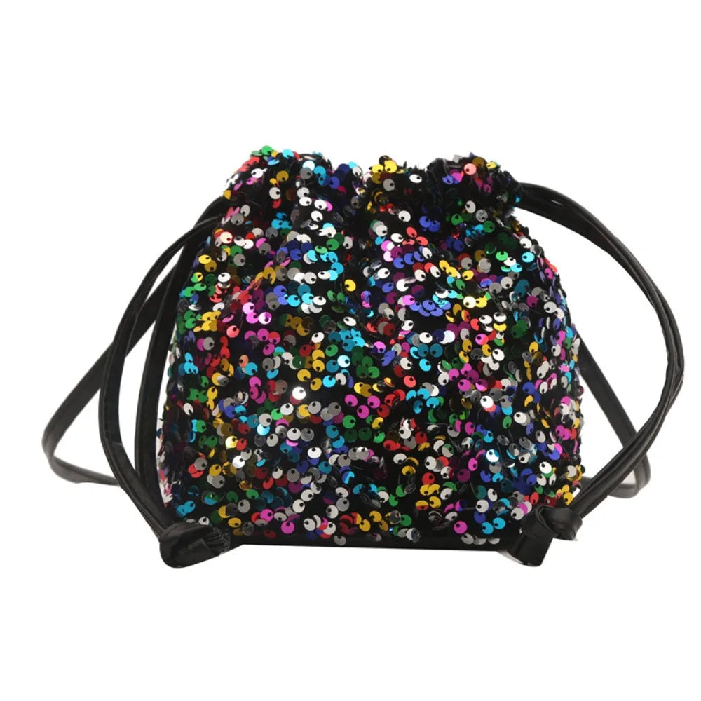 Sequin Shoulder Bag for Girls Shiny Drawstring Crossbody Bag Women Underarm Mini Bucket Bag Phone Purse