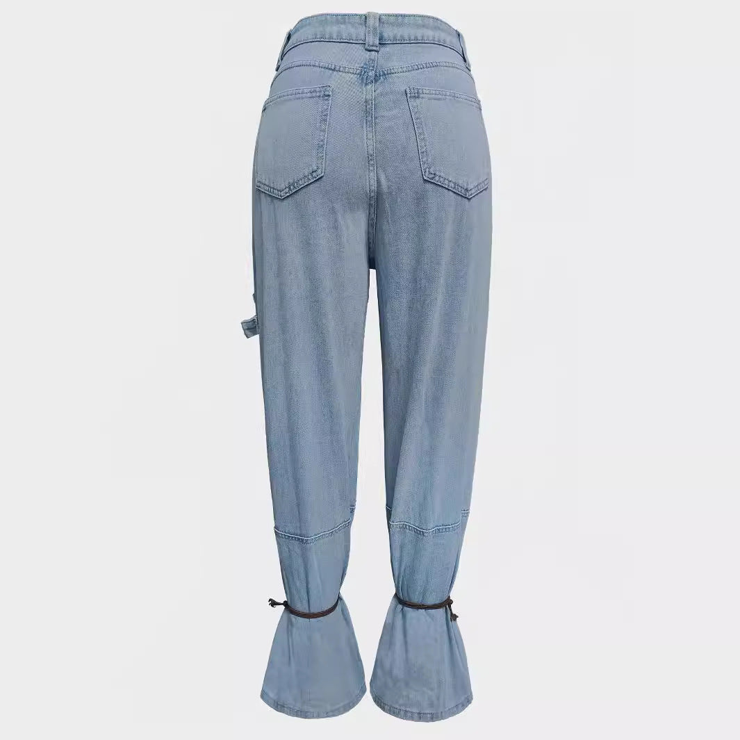 Women's Light Blue Cargo Jogger Jeans | High Waist Street Style Denim