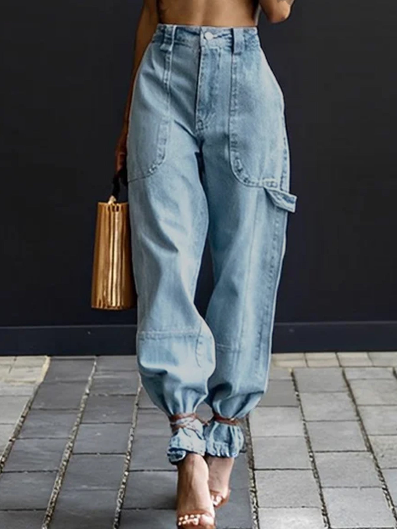 Women's Light Blue Cargo Jogger Jeans | High Waist Street Style Denim