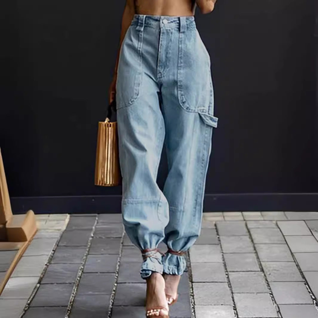 Women's Light Blue Cargo Jogger Jeans | High Waist Street Style Denim