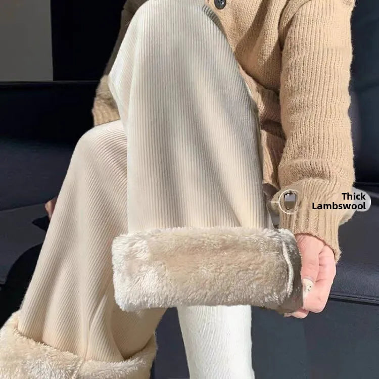Lamb Velvet Thickened Corduroy Wide Leg Pants Women's Casual Trousers Autumn Winter Fashion plus Size Slimming Polyester Fiber
