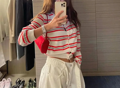 Chic Spring New Classic Color Block Striped round Neck Button up Soft Knitted Open Cardigan for Women Comfortable Casual Style