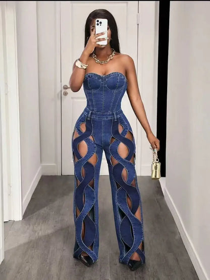 Women Streetwear Vintage Cutout Hollow Out Criss Cross Side Straight Wide Leg Blue Denim Pants 2025 Fashion High Waist Sexy Part