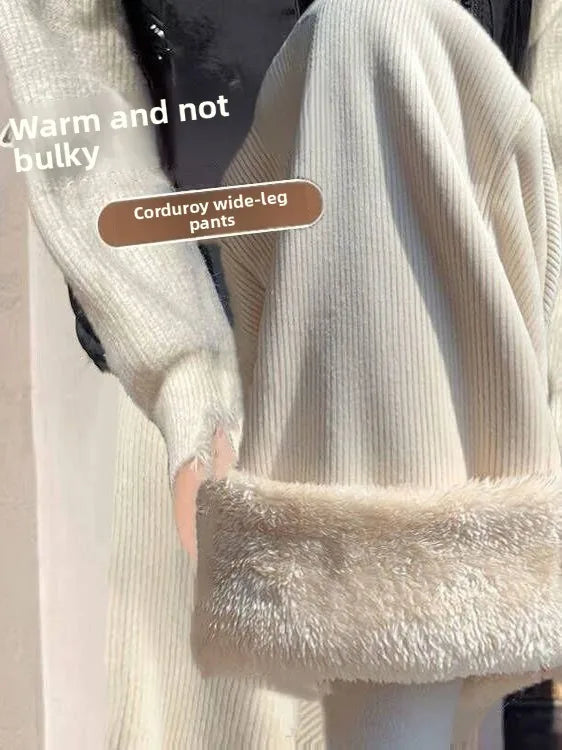 Lamb Velvet Thickened Corduroy Wide Leg Pants Women's Casual Trousers Autumn Winter Fashion plus Size Slimming Polyester Fiber