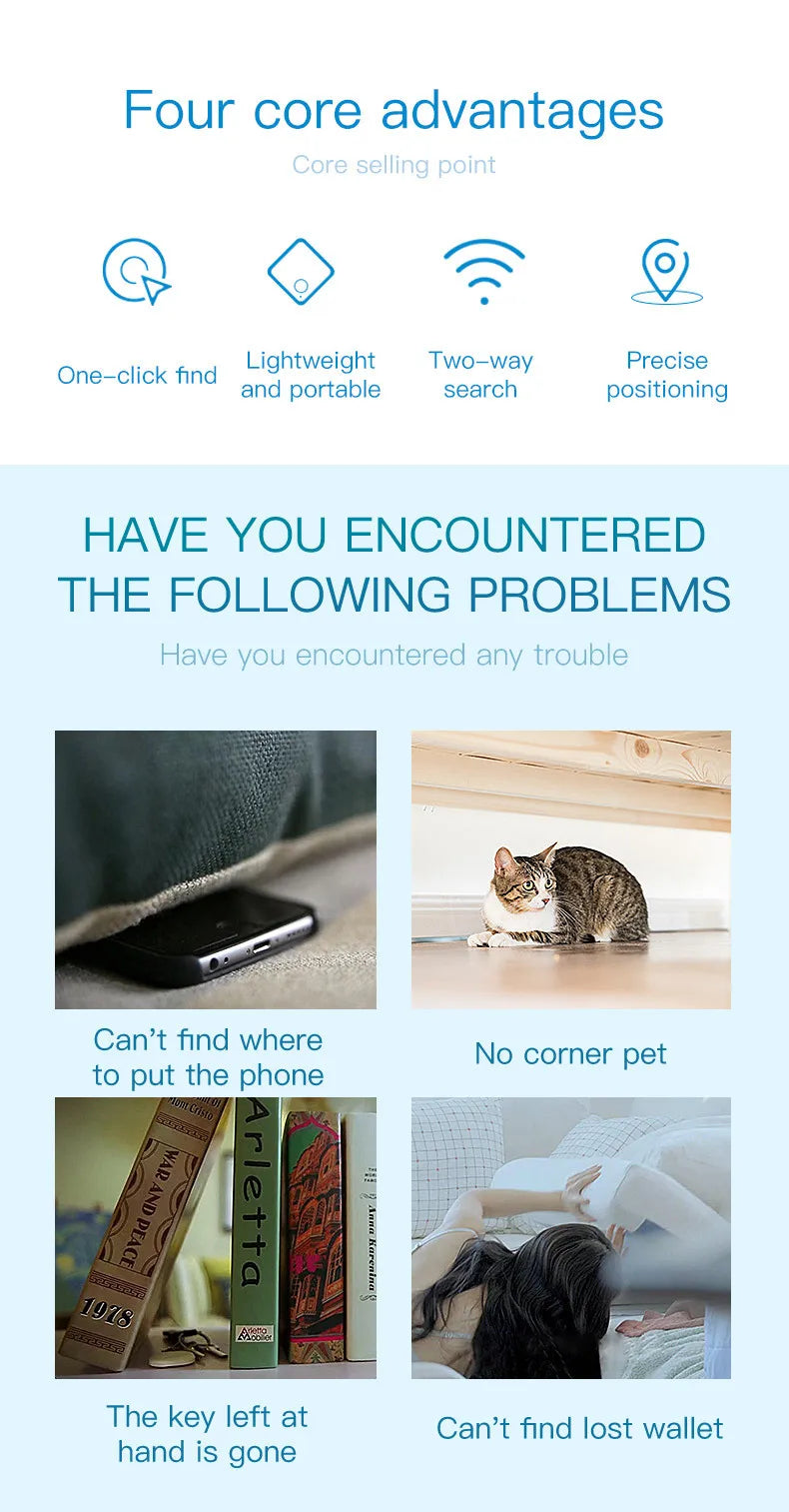 Smart Bluetooth GPS Tracker Tag Anti-Lost Reminder Compatible with Android IOS Car Key Pet Finder Rated Locator