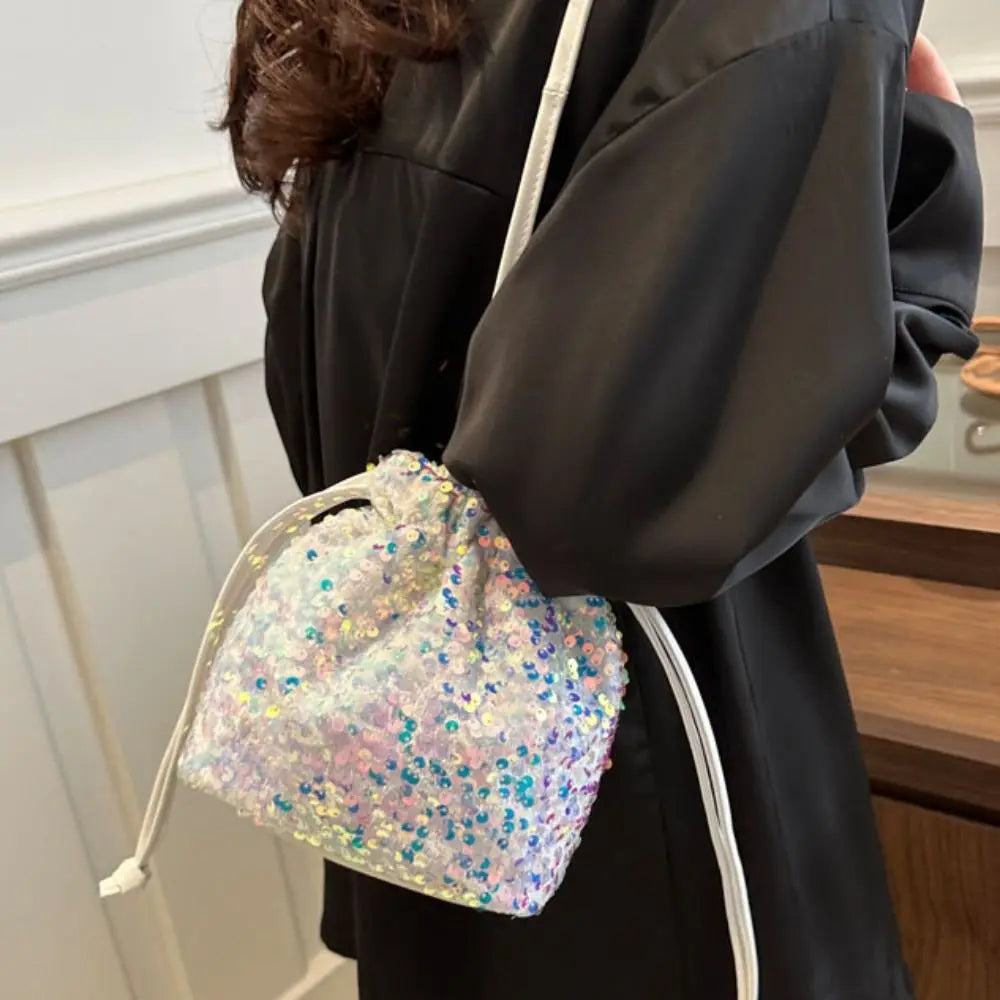 Sequin Shoulder Bag for Girls Shiny Drawstring Crossbody Bag Women Underarm Mini Bucket Bag Phone Purse