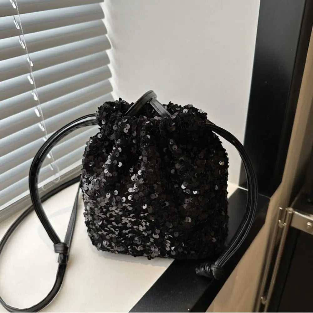 Sequin Shoulder Bag for Girls Shiny Drawstring Crossbody Bag Women Underarm Mini Bucket Bag Phone Purse