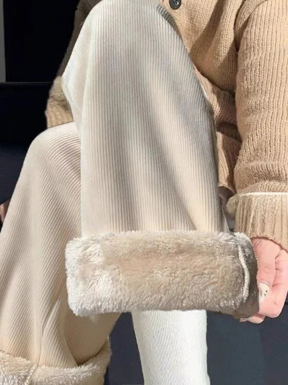Lamb Velvet Thickened Corduroy Wide Leg Pants Women's Casual Trousers Autumn Winter Fashion plus Size Slimming Polyester Fiber