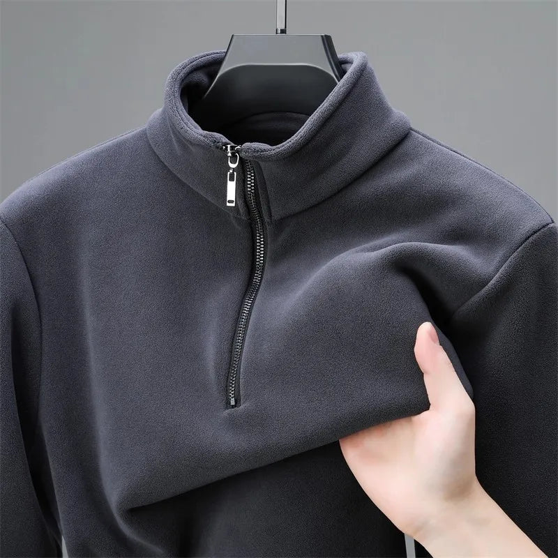 2025 New Men's Fleece Lined Zip up Hoodie Thickened Long Sleeve Thermal T-Shirt High Neck Zipper Design Casual Streetwear