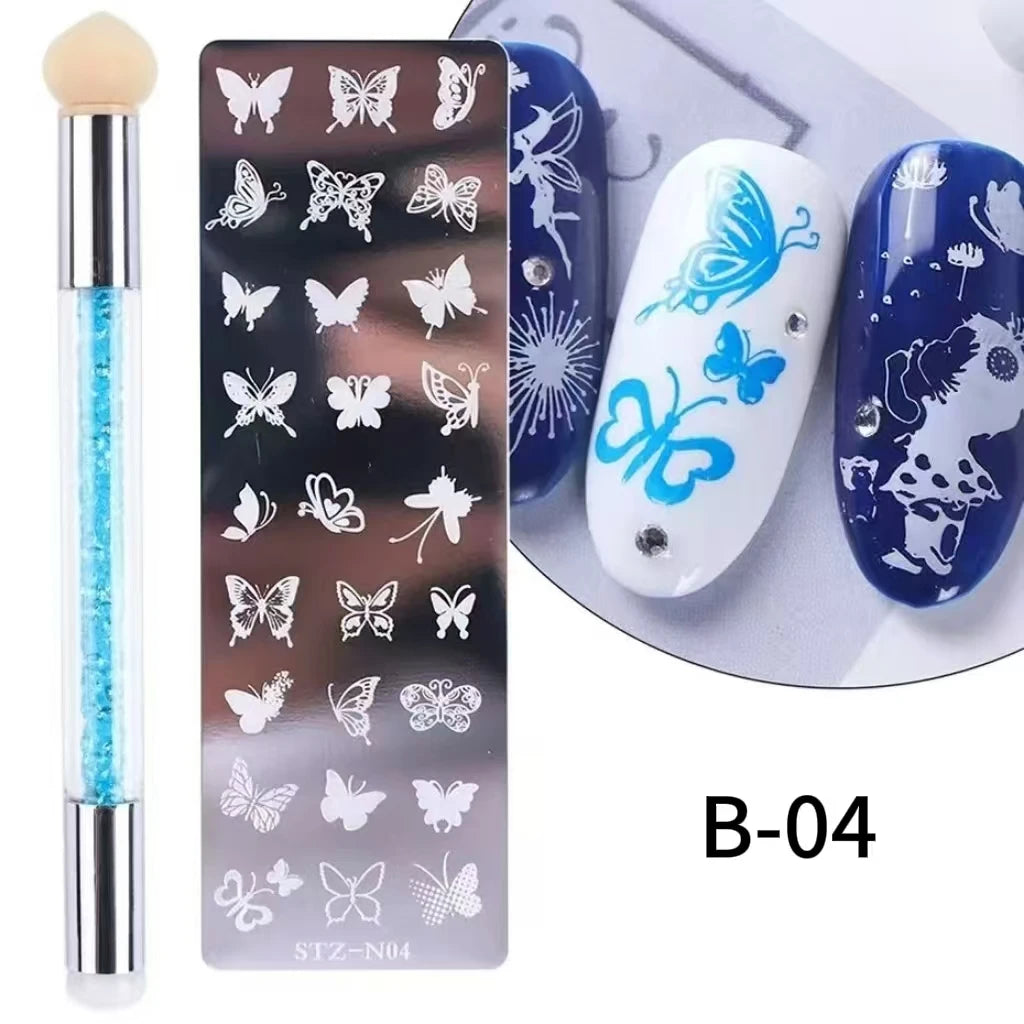 Nail Stamping Plates Set Silicone Stamper Brush Nail Art Stamp Polish Transfer Stencils Flower Geometry Template Tools Maniucre