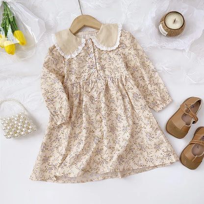 Baby Girls Flower Dresses 3-7 Years Spring Autumn Flower Dresses Lace Turn-down Floral Girl Princess Dress