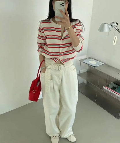 Chic Spring New Classic Color Block Striped round Neck Button up Soft Knitted Open Cardigan for Women Comfortable Casual Style