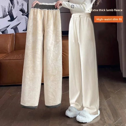 Lamb Velvet Thickened Corduroy Wide Leg Pants Women's Casual Trousers Autumn Winter Fashion plus Size Slimming Polyester Fiber
