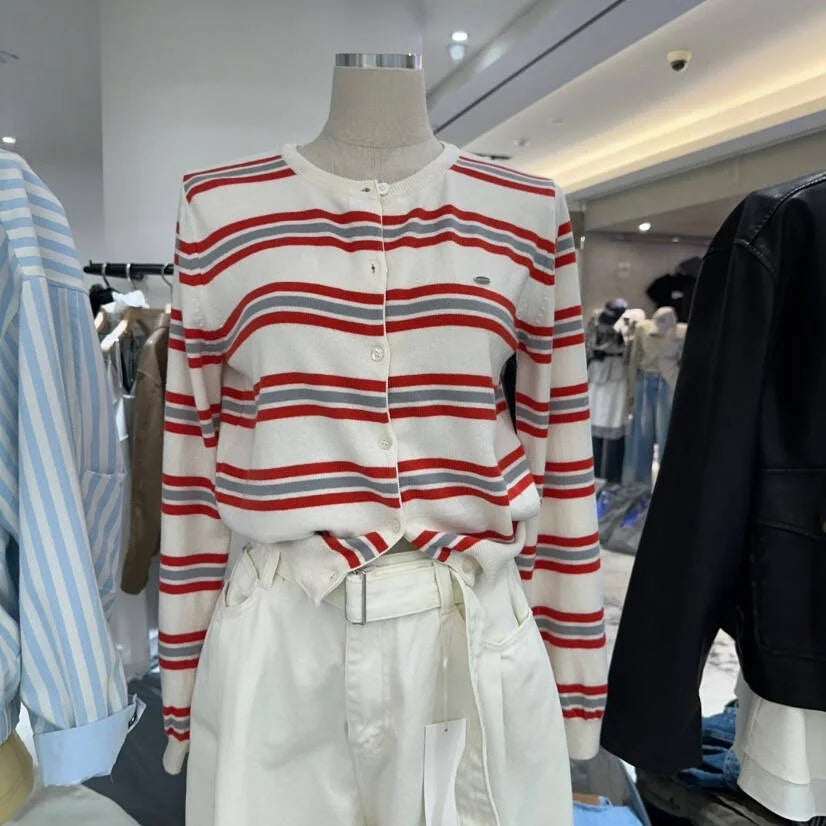Chic Spring New Classic Color Block Striped round Neck Button up Soft Knitted Open Cardigan for Women Comfortable Casual Style