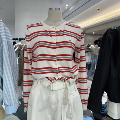 Chic Spring New Classic Color Block Striped round Neck Button up Soft Knitted Open Cardigan for Women Comfortable Casual Style