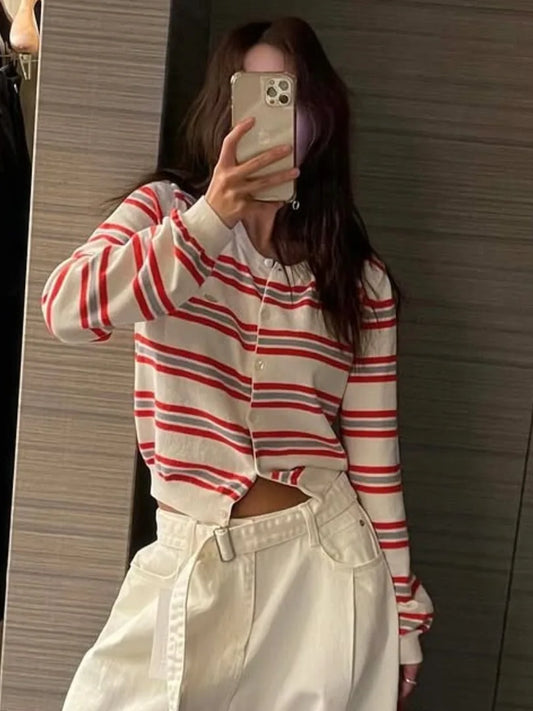 Chic Spring New Classic Color Block Striped round Neck Button up Soft Knitted Open Cardigan for Women Comfortable Casual Style