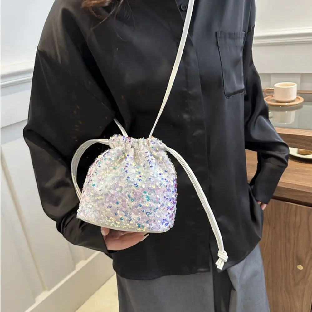 Sequin Shoulder Bag for Girls Shiny Drawstring Crossbody Bag Women Underarm Mini Bucket Bag Phone Purse