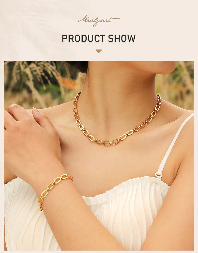 Chunky Gold Plated Link Necklace For Women, Stainless Steel Oval Thick Chain Choker Minimalist Jewelry