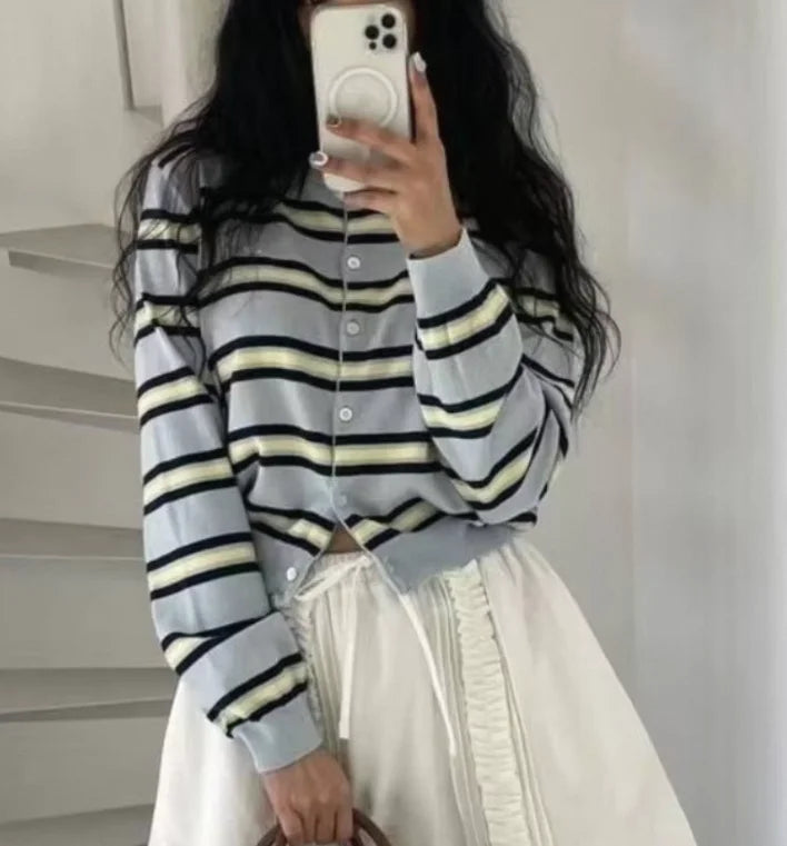 Chic Spring New Classic Color Block Striped round Neck Button up Soft Knitted Open Cardigan for Women Comfortable Casual Style