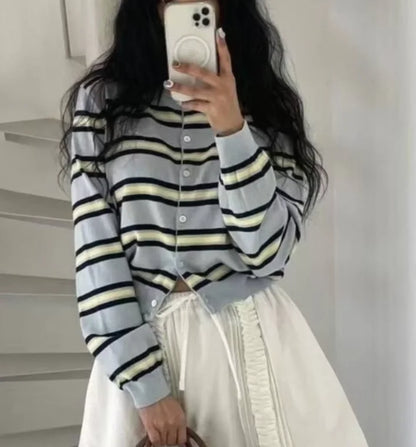 Chic Spring New Classic Color Block Striped round Neck Button up Soft Knitted Open Cardigan for Women Comfortable Casual Style