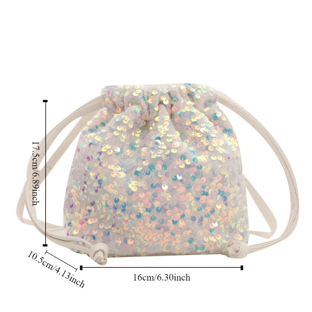 Sequin Shoulder Bag for Girls Shiny Drawstring Crossbody Bag Women Underarm Mini Bucket Bag Phone Purse