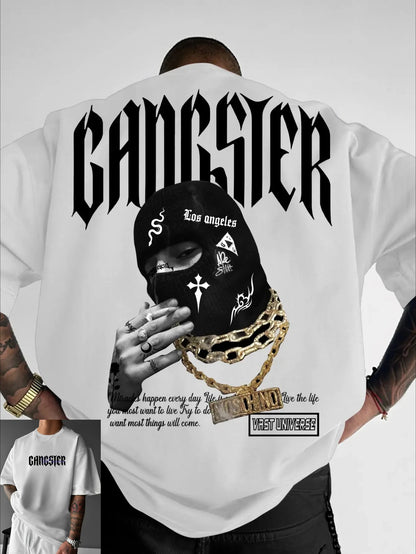 Men'S Oversized Gangster Graphic T-Shirt - Streetwear Hooded Mask Design with Gangster Lettering & West Coast Lettering
