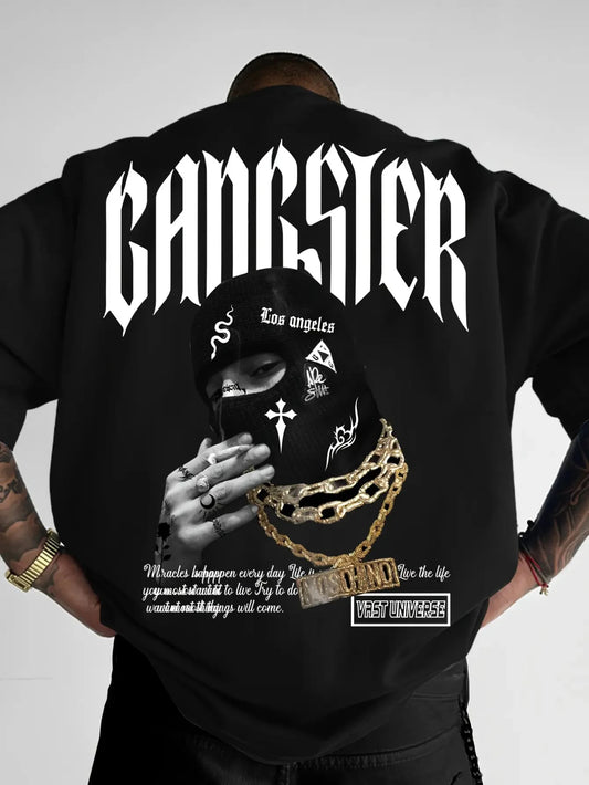 Men'S Oversized Gangster Graphic T-Shirt - Streetwear Hooded Mask Design with Gangster Lettering & West Coast Lettering