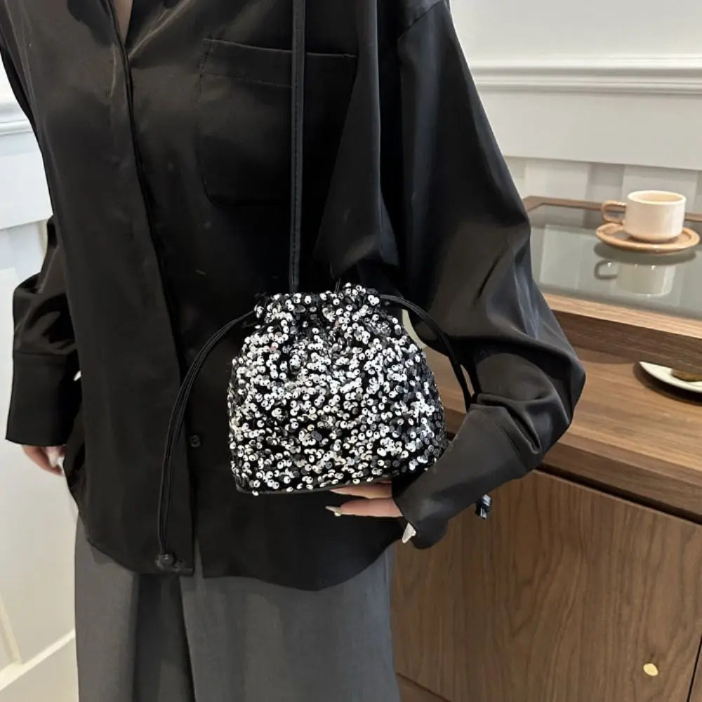 Sequin Shoulder Bag for Girls Shiny Drawstring Crossbody Bag Women Underarm Mini Bucket Bag Phone Purse