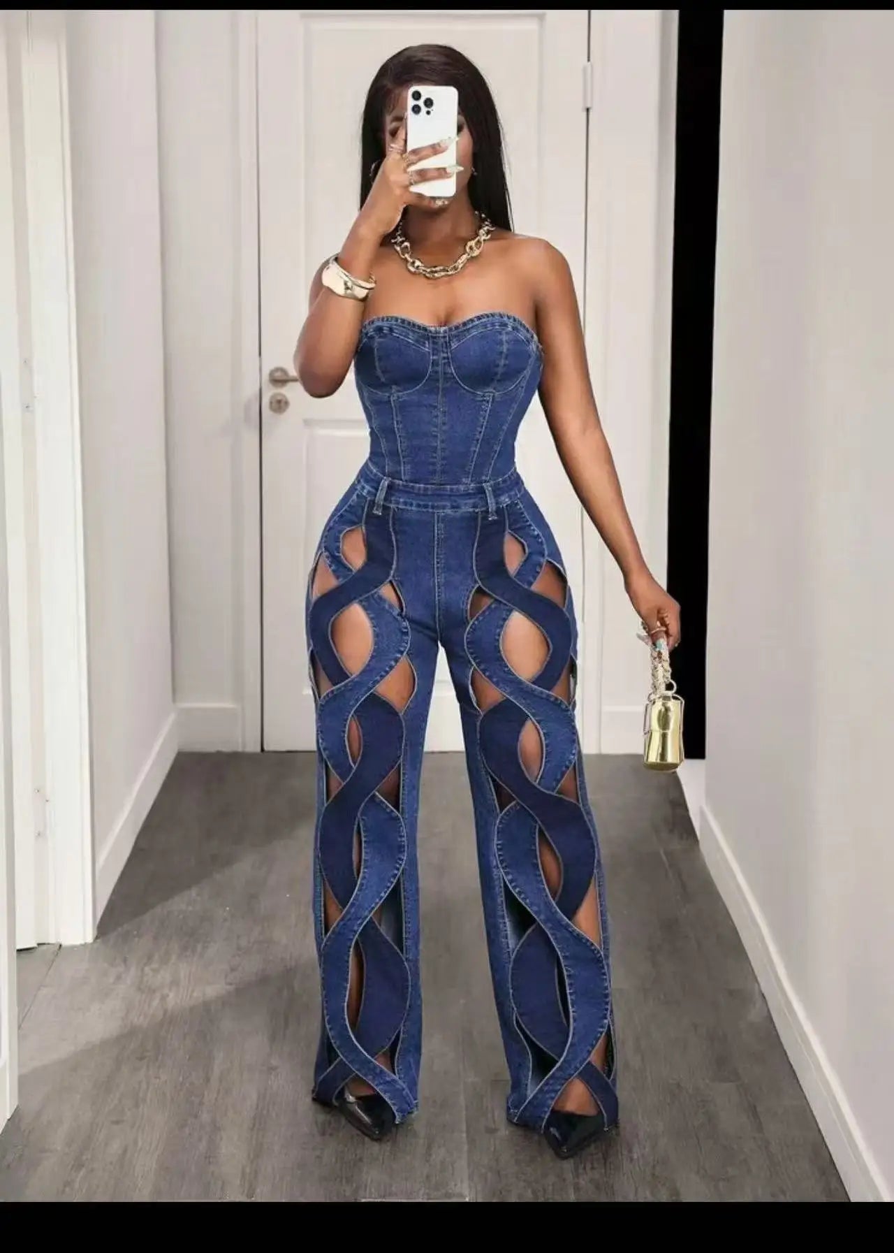Women Streetwear Vintage Cutout Hollow Out Criss Cross Side Straight Wide Leg Blue Denim Pants 2025 Fashion High Waist Sexy Part