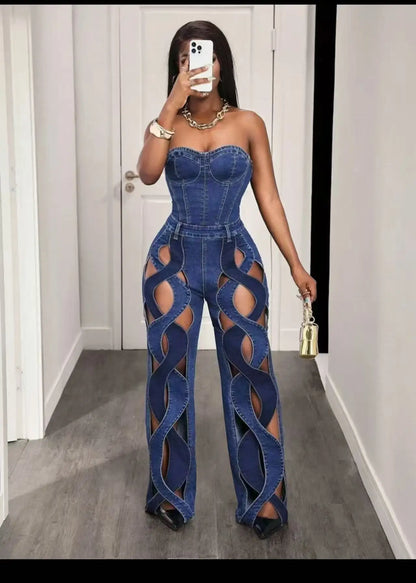 Women Streetwear Vintage Cutout Hollow Out Criss Cross Side Straight Wide Leg Blue Denim Pants 2025 Fashion High Waist Sexy Part