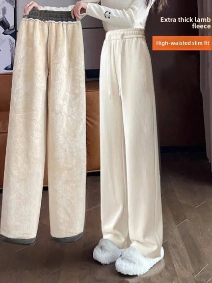 Lamb Velvet Thickened Corduroy Wide Leg Pants Women's Casual Trousers Autumn Winter Fashion plus Size Slimming Polyester Fiber
