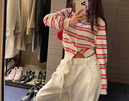 Chic Spring New Classic Color Block Striped round Neck Button up Soft Knitted Open Cardigan for Women Comfortable Casual Style