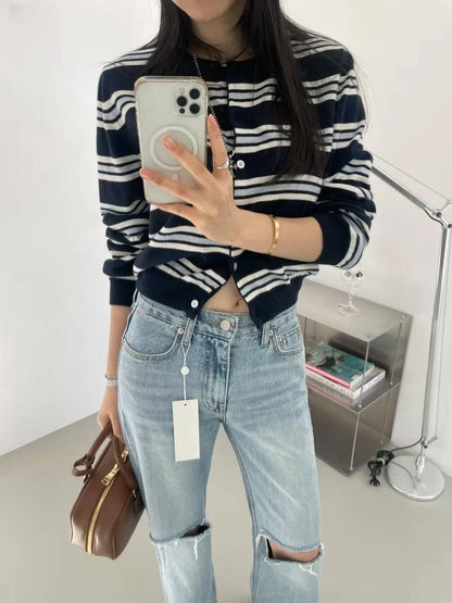 Chic Spring New Classic Color Block Striped round Neck Button up Soft Knitted Open Cardigan for Women Comfortable Casual Style