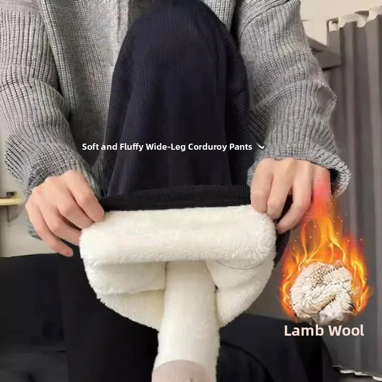 Lamb Velvet Thickened Corduroy Wide Leg Pants Women's Casual Trousers Autumn Winter Fashion plus Size Slimming Polyester Fiber
