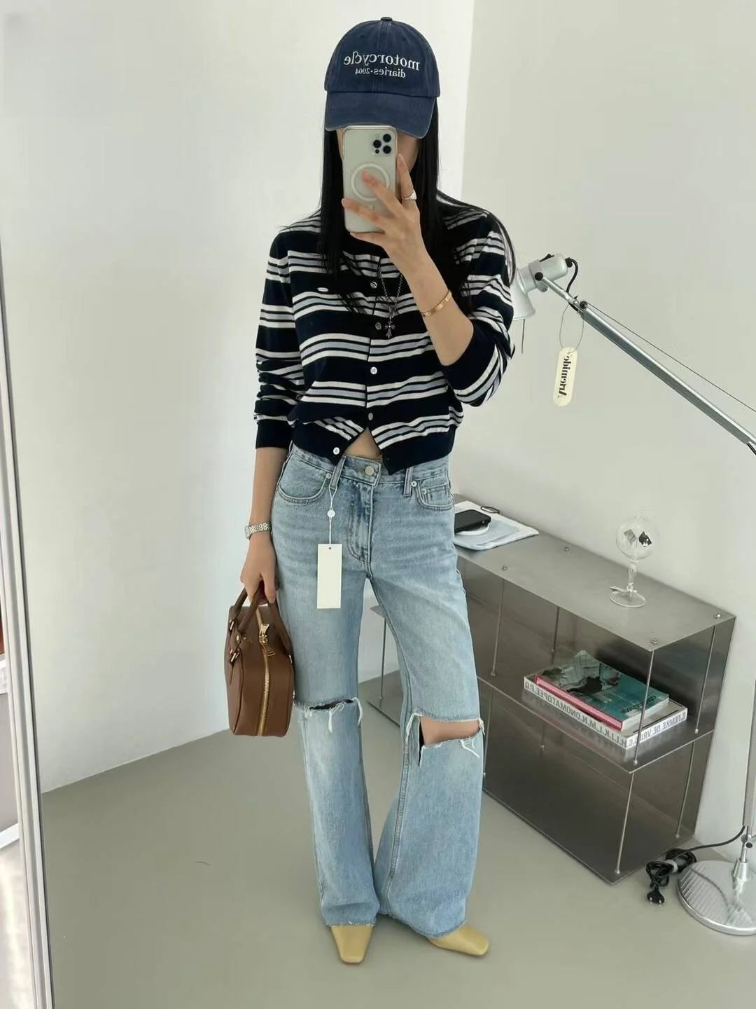 Chic Spring New Classic Color Block Striped round Neck Button up Soft Knitted Open Cardigan for Women Comfortable Casual Style