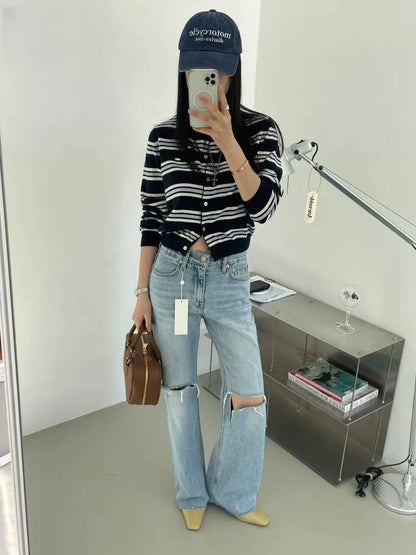 Chic Spring New Classic Color Block Striped round Neck Button up Soft Knitted Open Cardigan for Women Comfortable Casual Style