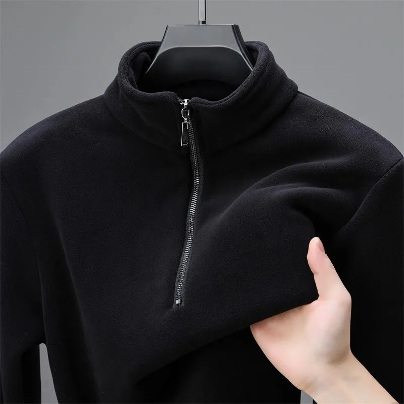 2025 New Men's Fleece Lined Zip up Hoodie Thickened Long Sleeve Thermal T-Shirt High Neck Zipper Design Casual Streetwear