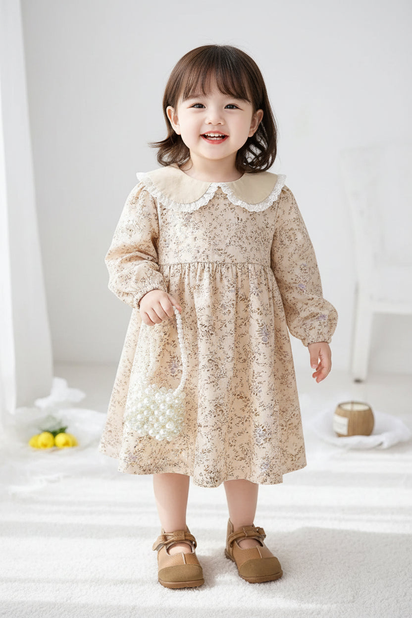 Baby Girls Flower Dresses 3-7 Years Spring Autumn Flower Dresses Lace Turn-down Floral Girl Princess Dress