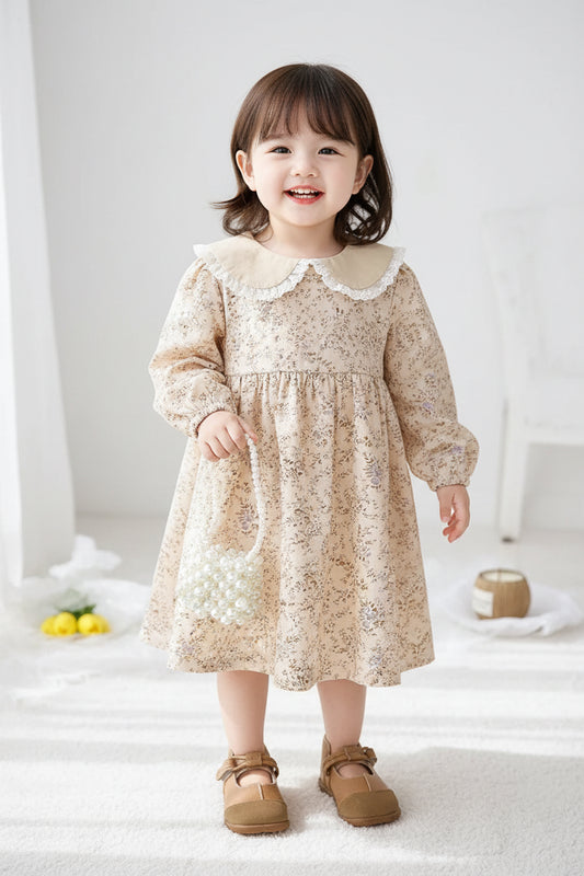 Baby Girls Flower Dresses 3-7 Years Spring Autumn Flower Dresses Lace Turn-down Floral Girl Princess Dress