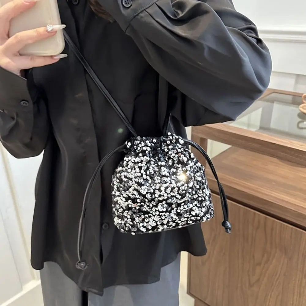 Sequin Shoulder Bag for Girls Shiny Drawstring Crossbody Bag Women Underarm Mini Bucket Bag Phone Purse
