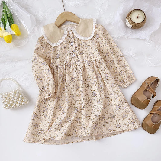 Baby Girls Flower Dresses 3-7 Years Spring Autumn Flower Dresses Lace Turn-down Floral Girl Princess Dress