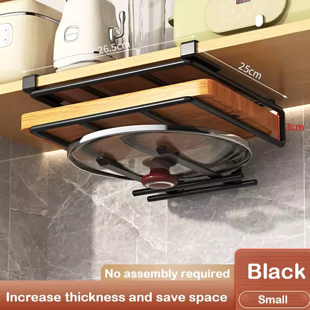 Kitchen Hanging Organizer Rack with Hooks Under Cupboard Paper Towel Rags Hanger Cutting Board Pot Cover Holder Storage Shelf