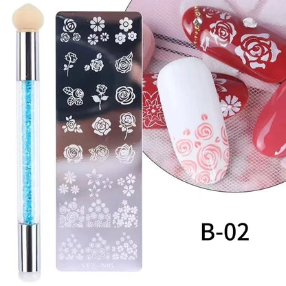 Nail Stamping Plates Set Silicone Stamper Brush Nail Art Stamp Polish Transfer Stencils Flower Geometry Template Tools Maniucre