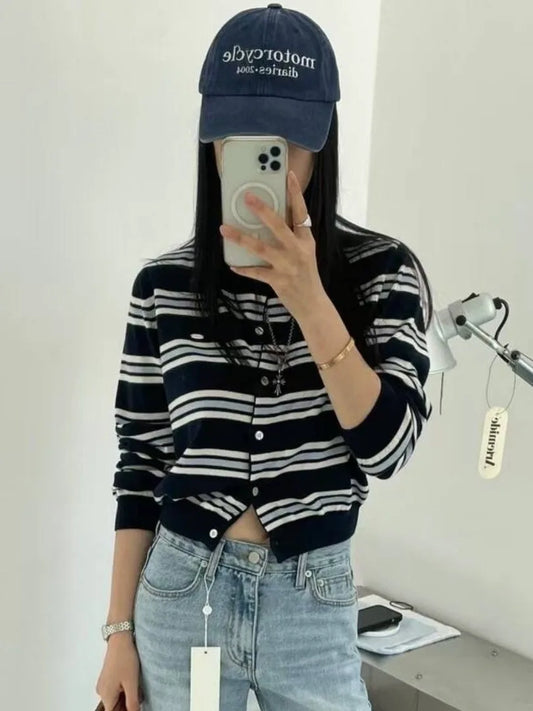 Chic Spring New Classic Color Block Striped round Neck Button up Soft Knitted Open Cardigan for Women Comfortable Casual Style