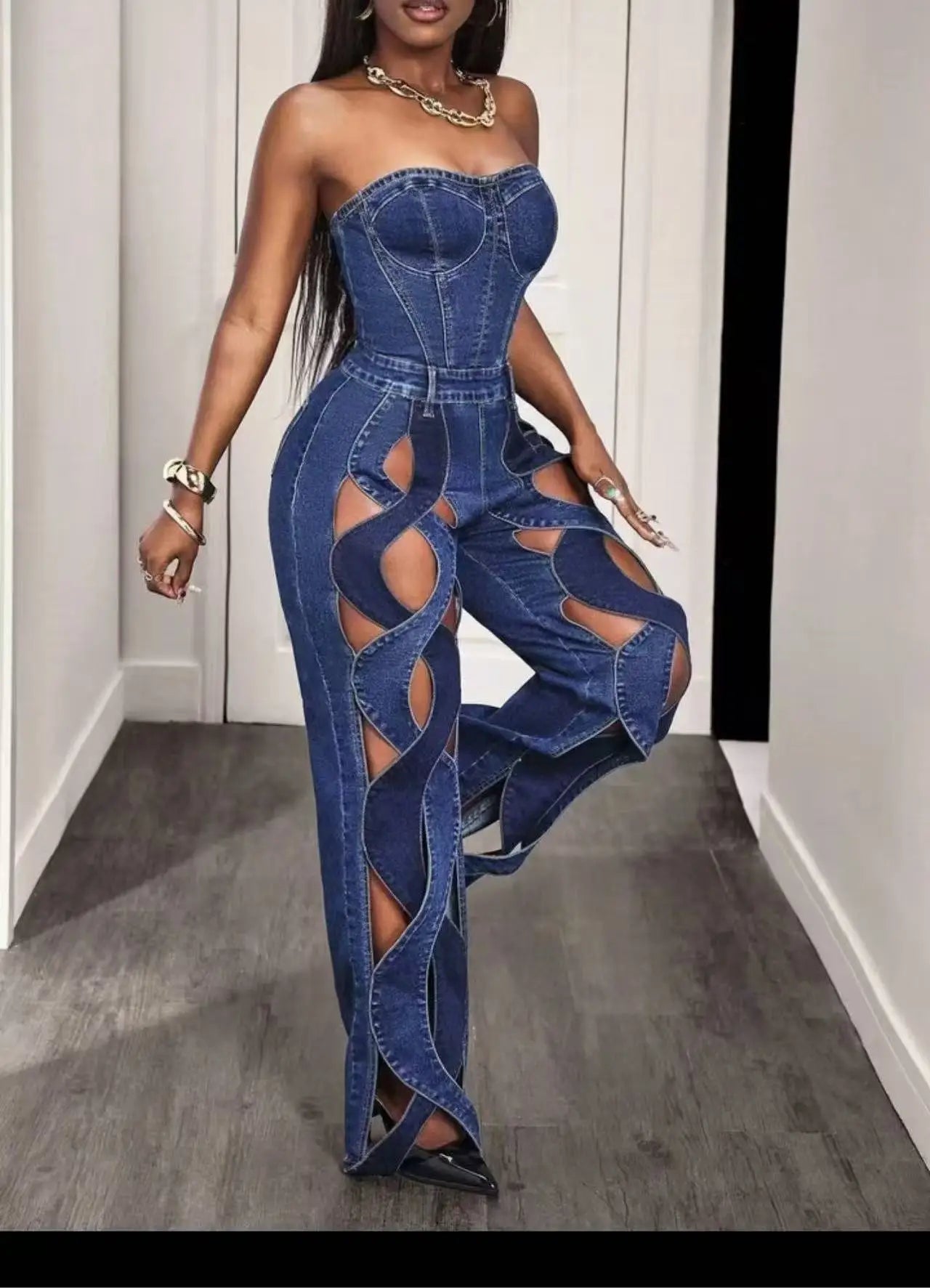 Women Streetwear Vintage Cutout Hollow Out Criss Cross Side Straight Wide Leg Blue Denim Pants 2025 Fashion High Waist Sexy Part