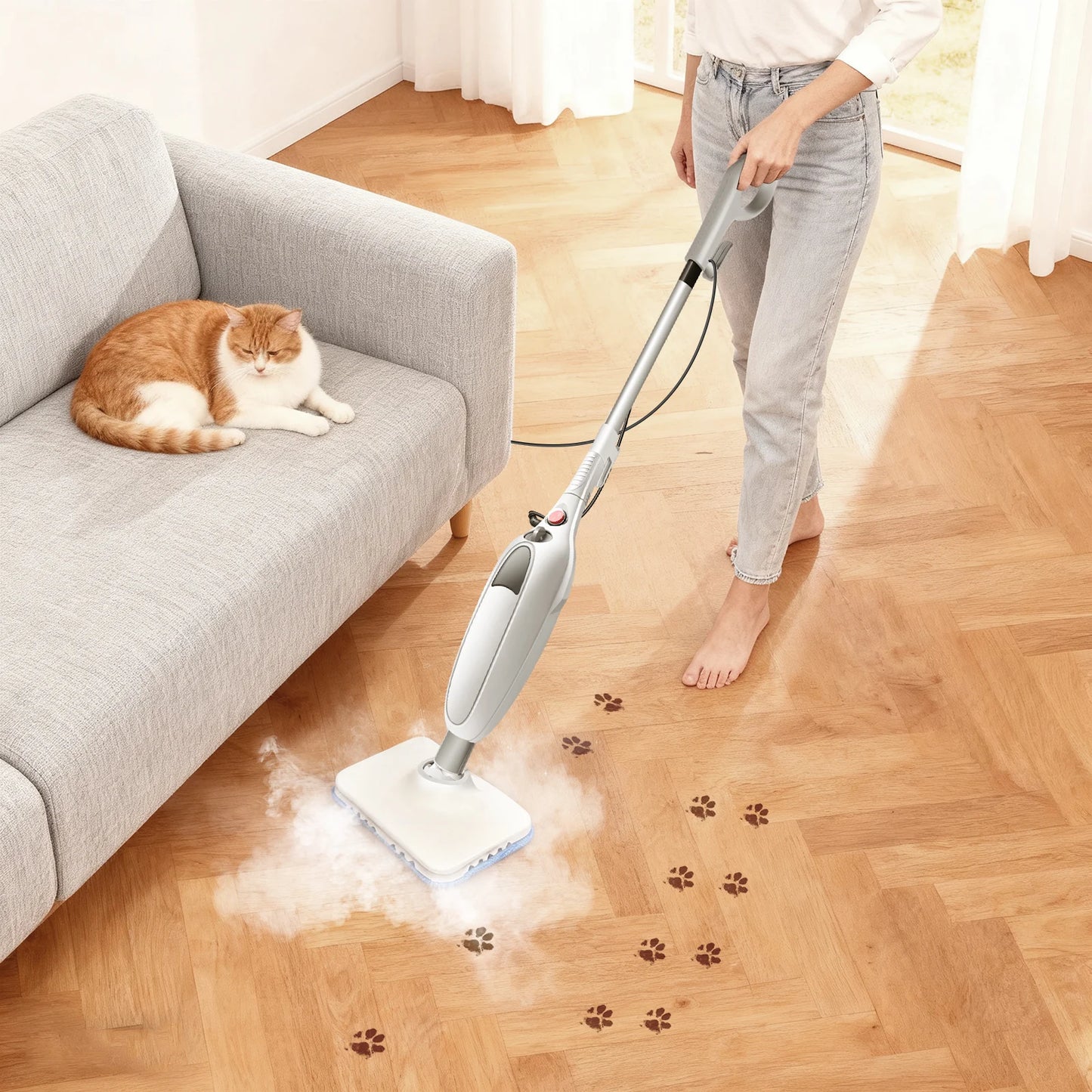 1500W Steam Mop & Detachable Steam Cleaner, Powerful Floor Steamer for Carpet Laminate Hardwood, 400ml,2 washable cloths