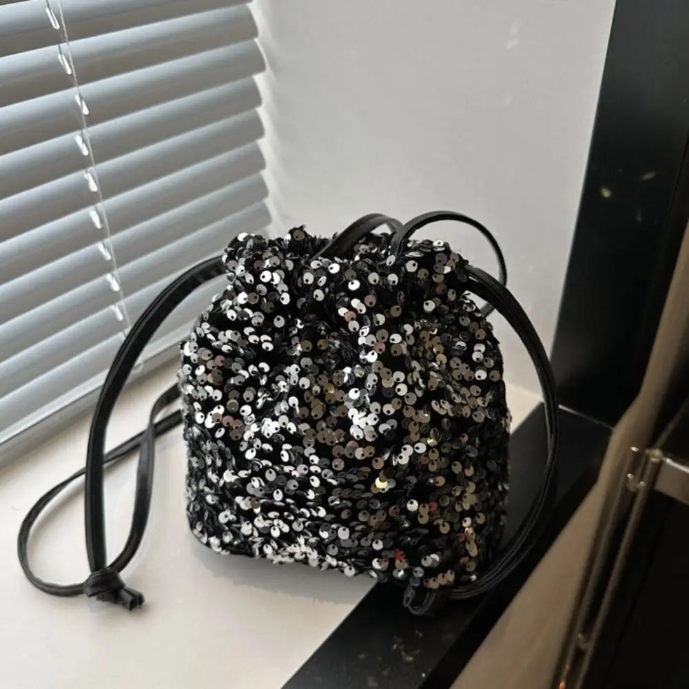 Sequin Shoulder Bag for Girls Shiny Drawstring Crossbody Bag Women Underarm Mini Bucket Bag Phone Purse