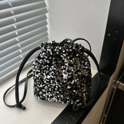 Sequin Shoulder Bag for Girls Shiny Drawstring Crossbody Bag Women Underarm Mini Bucket Bag Phone Purse