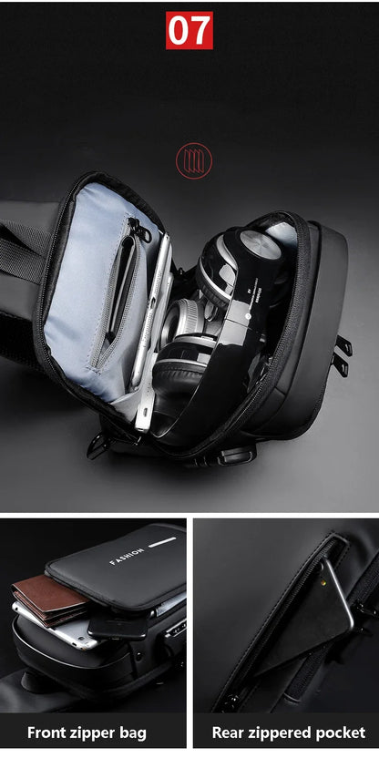 Anti-theft Shoulder Men's Fashion Sling Backpack with USB Charging Port, Waterproof Crossbody Chest Bag for Travel & Daily Use
